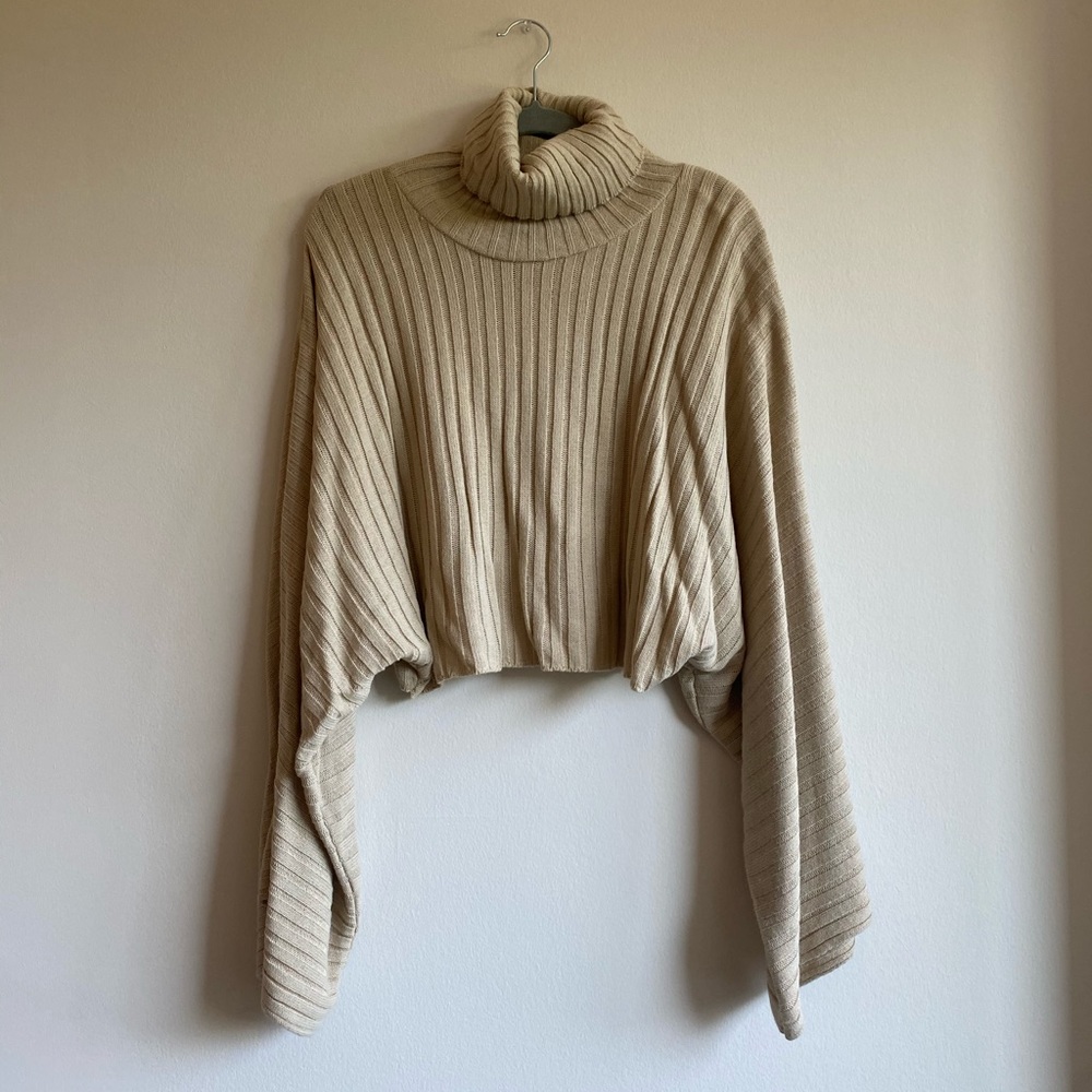 Cream Bat Wing Turtle Neck Crop Sweater